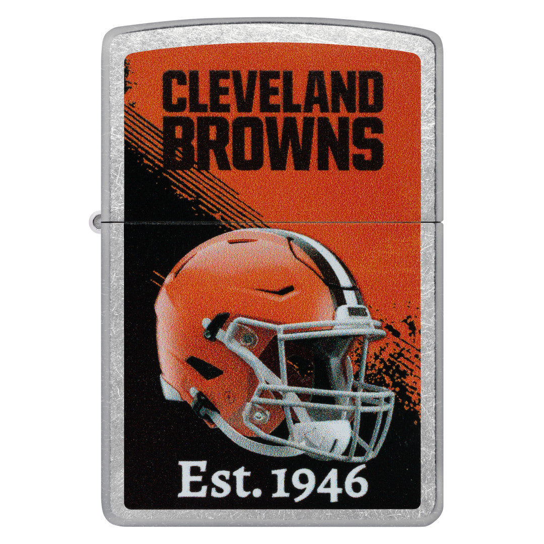 Front view of Zippo NFL Cleveland Browns Helmet Design Street Chrome Windproof Lighter.