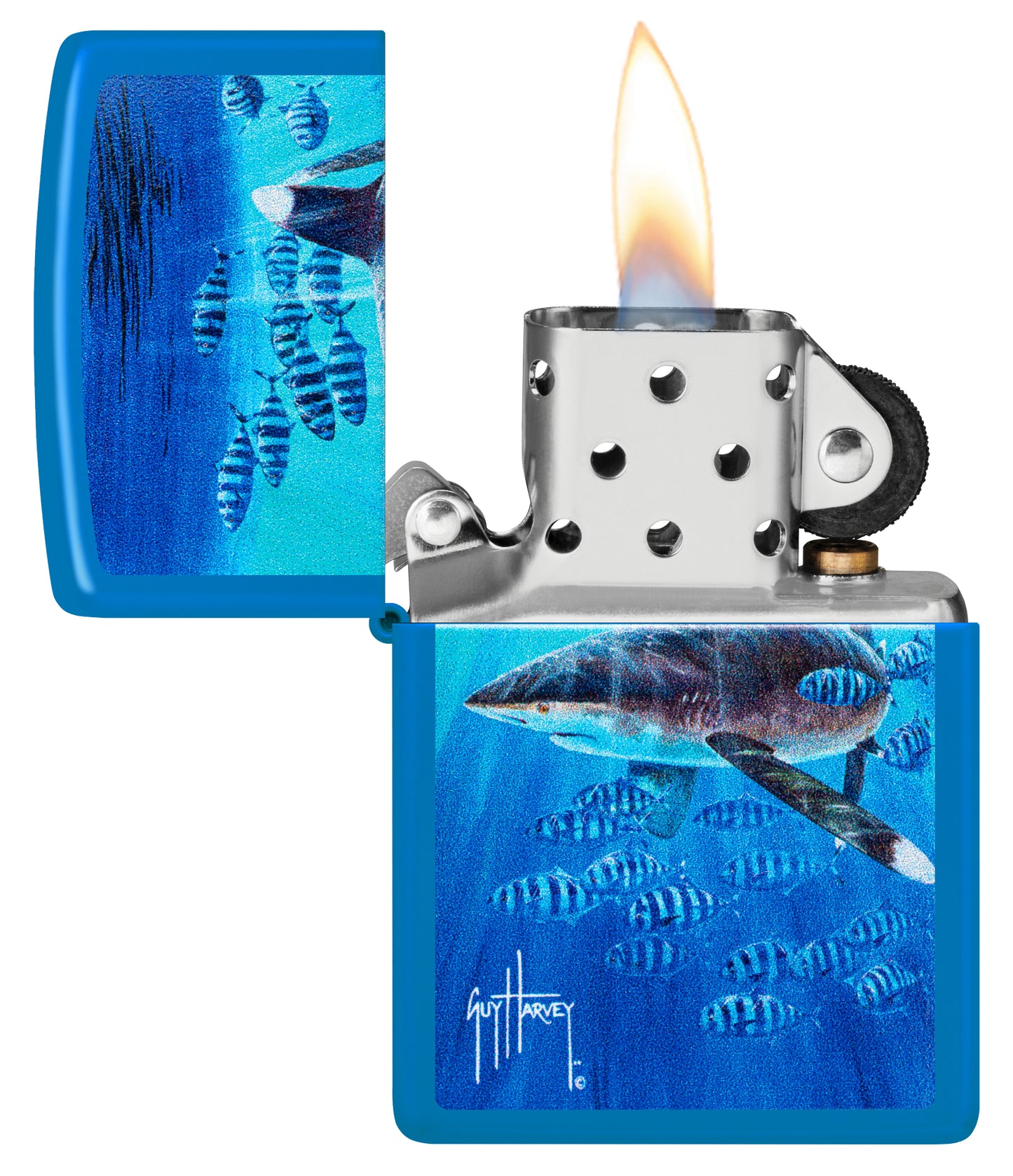 Zippo Guy Harvey Co-Pilot Design Sky Blue Matte Windproof Lighter with its lid open and lit.
