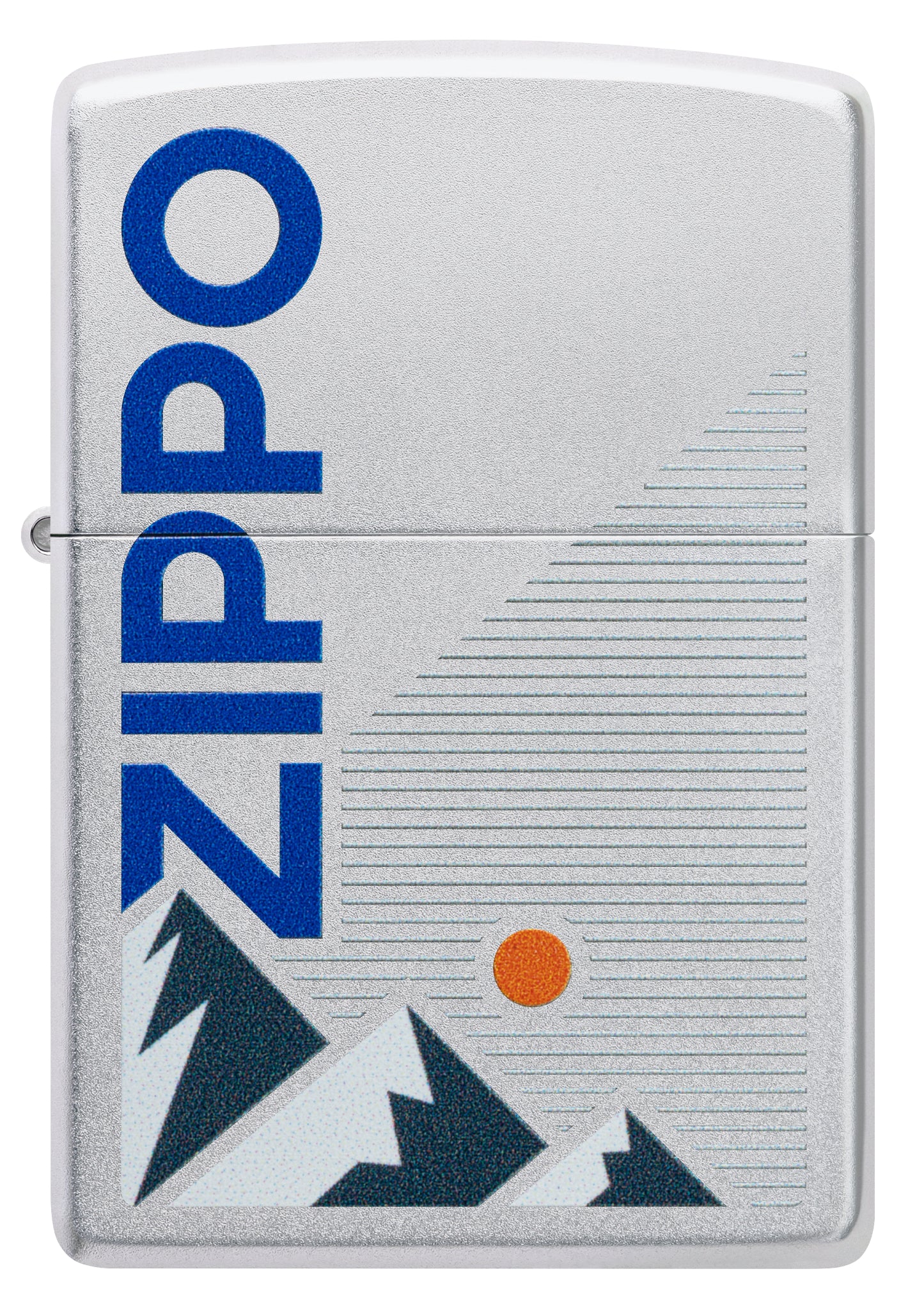 Front view of Zippo Mountain Design Satin Chrome Windproof Lighter.