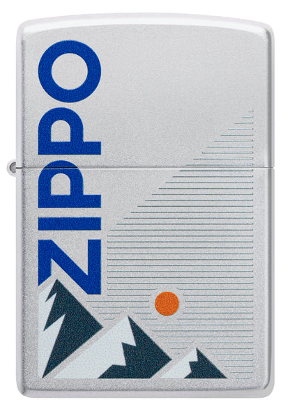 Front view of Zippo Mountain Design Satin Chrome Windproof Lighter.