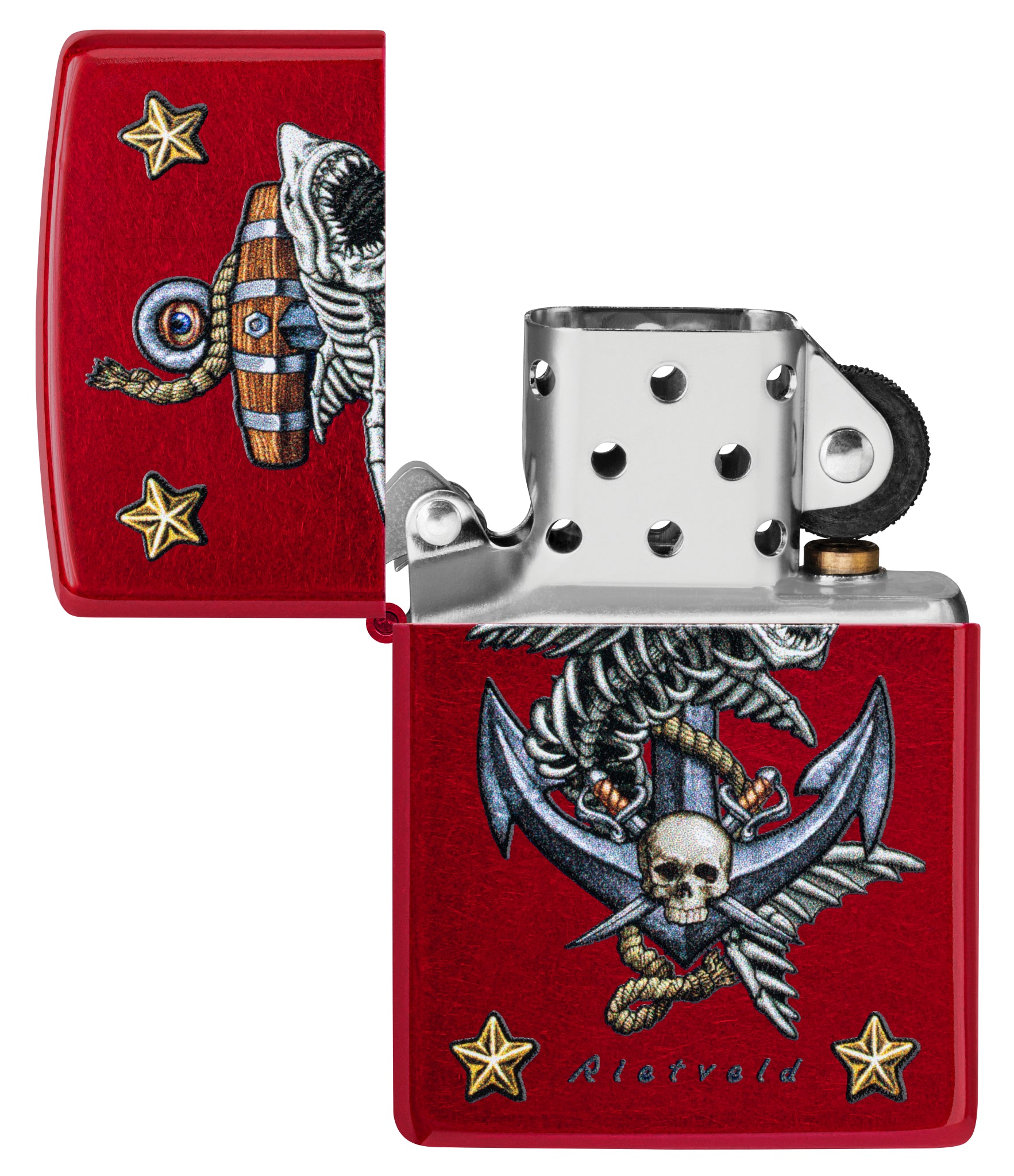 Zippo Rietveld Anchor Design Candy Apple Red Windproof Lighter with its lid open and unlit.