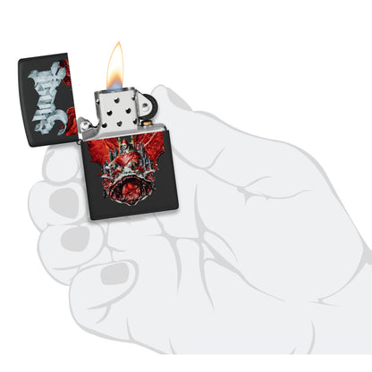Zippo Ghost Prequelle Design Black Matte Windproof Lighter lit in hand.