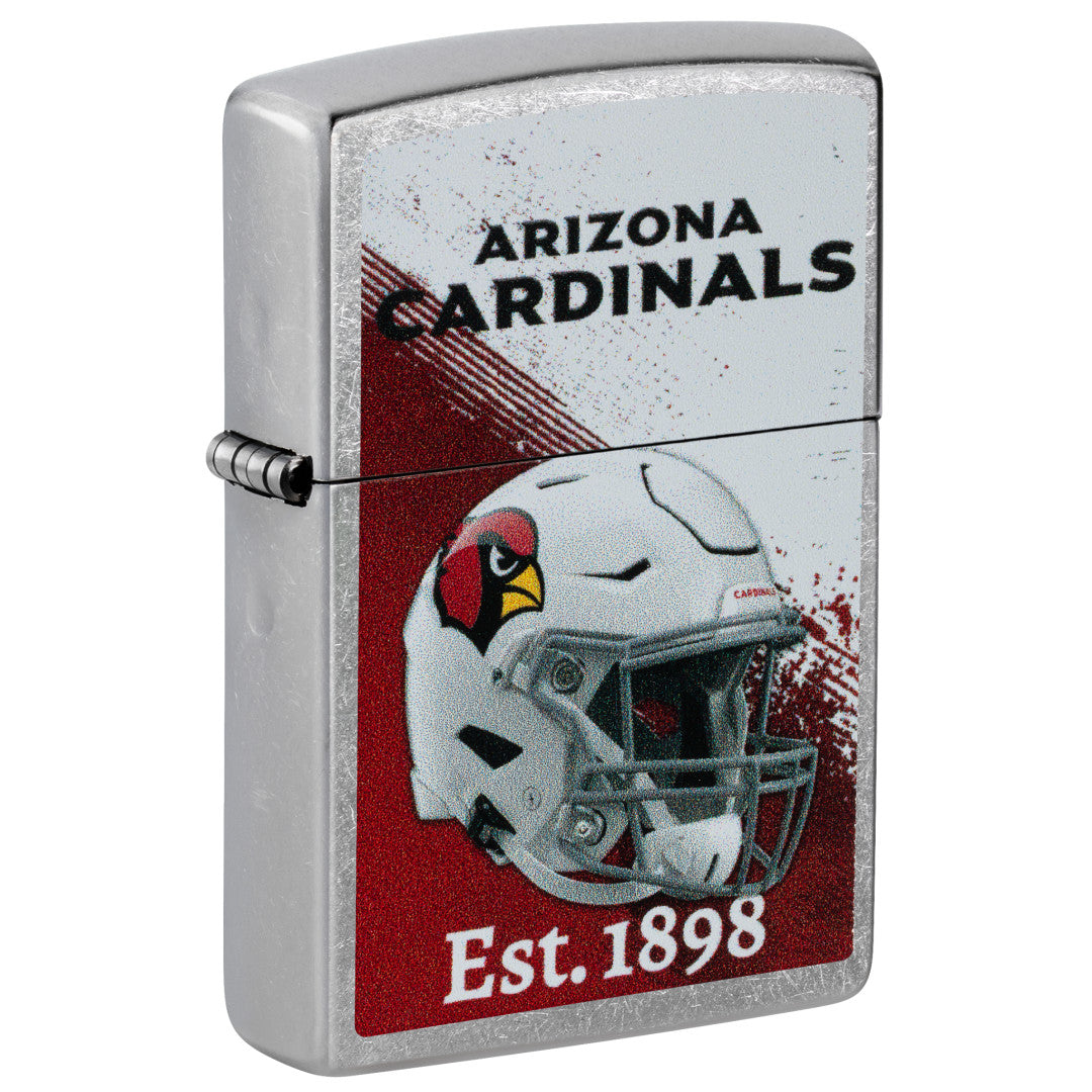 Front shot of Zippo NFL Arizona Cardinals Helmet Design Street Chrome Windproof Lighter standing at a 3/4 angle.
