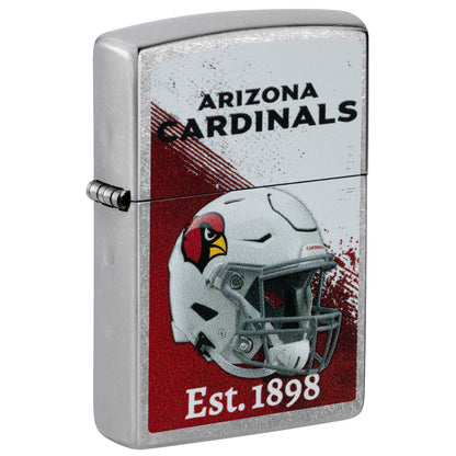 Front shot of Zippo NFL Arizona Cardinals Helmet Design Street Chrome Windproof Lighter standing at a 3/4 angle.