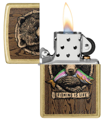 Zippo Rietveld Fishing is Life Design with its lid open and lit.