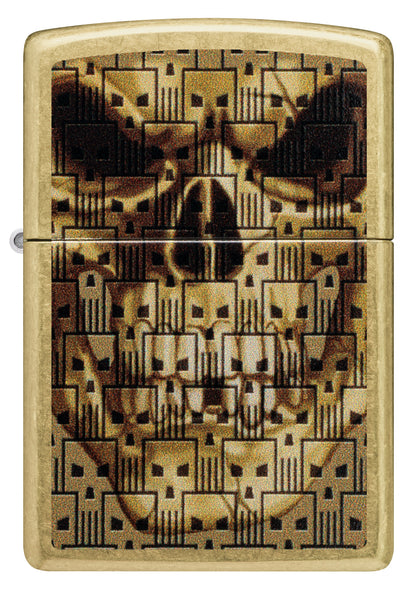 Front view of Zippo Skulls on Skulls Design Street Brass Windproof Lighter.