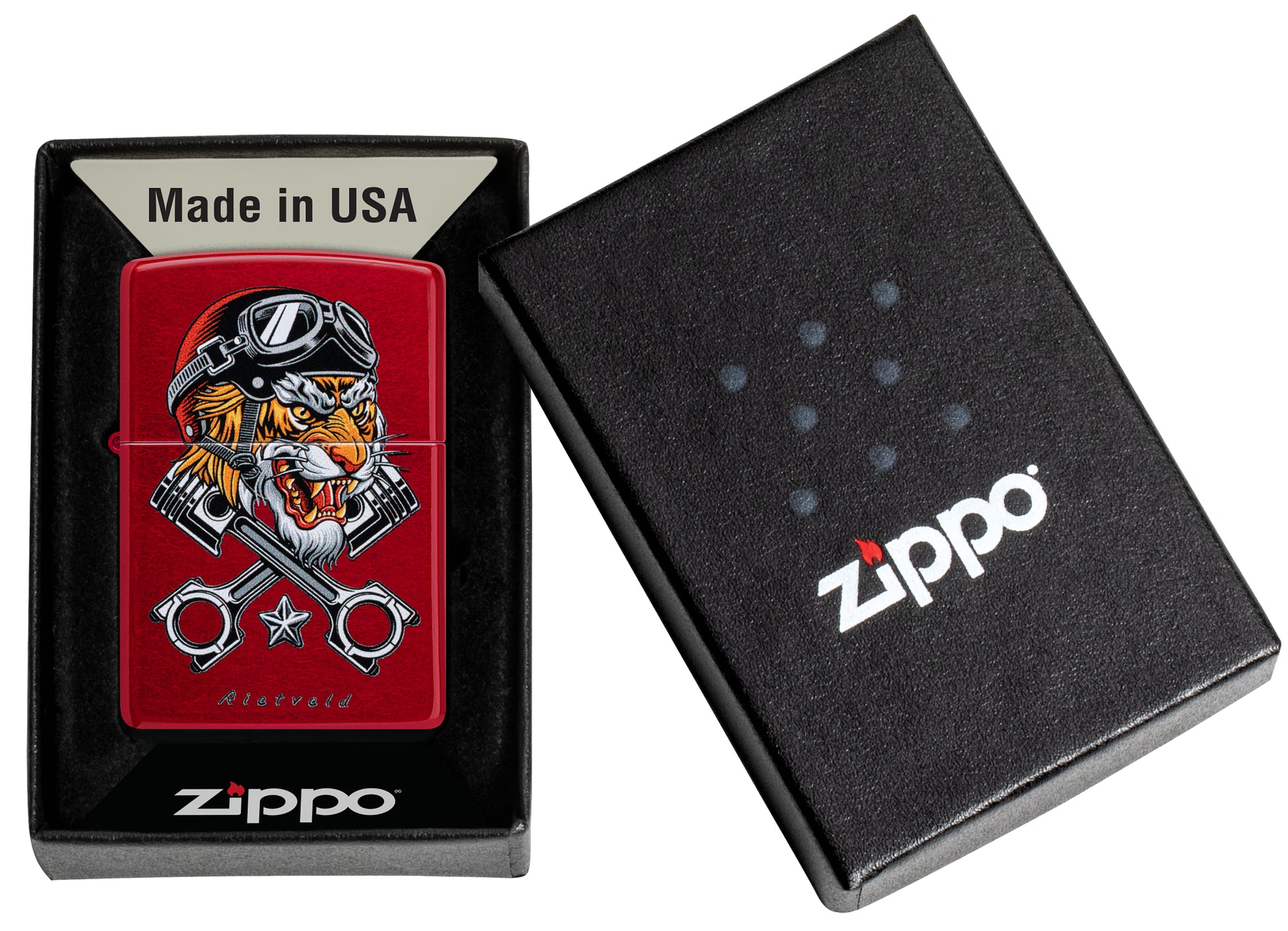 Zippo Rietveld Tiger Design Candy Apple Red Windproof Lighter in its packaging.