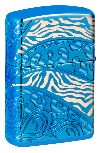 Back view of Zippo Animal Flair Design Armor® High Polish Blue Windproof Lighter standing at a 3/4 angle.