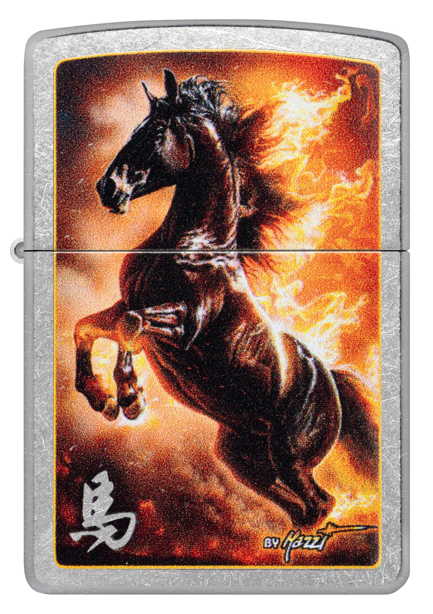 Front view of Zippo Mazzi® Fire Stallion Design Street Chrome Windproof Lighter.