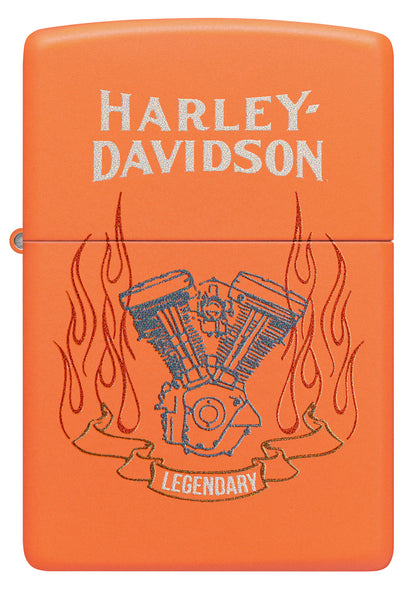 Front view of Zippo Harley-Davidson® Legendary Design Orange Matte Windproof Lighter.
