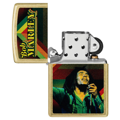 Zippo Bob Marley Soul Design Street Brass Windproof Lighter with its lid open and unlit.