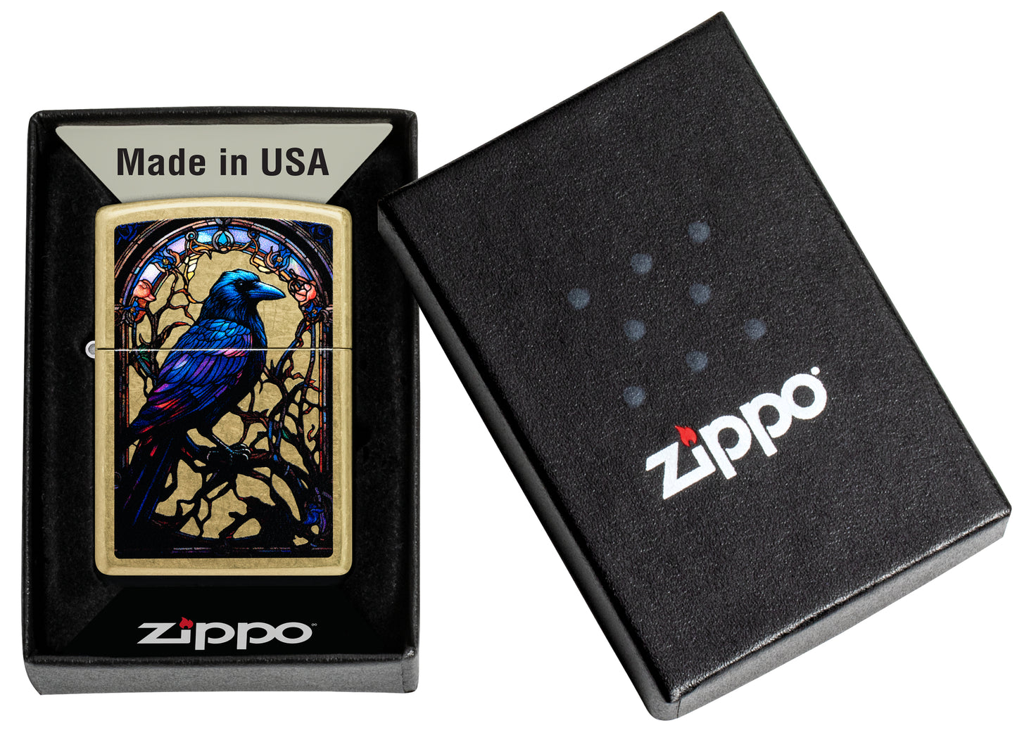 Zippo Stained Glass Raven Design Street Brass Windproof Lighter in its packaging.