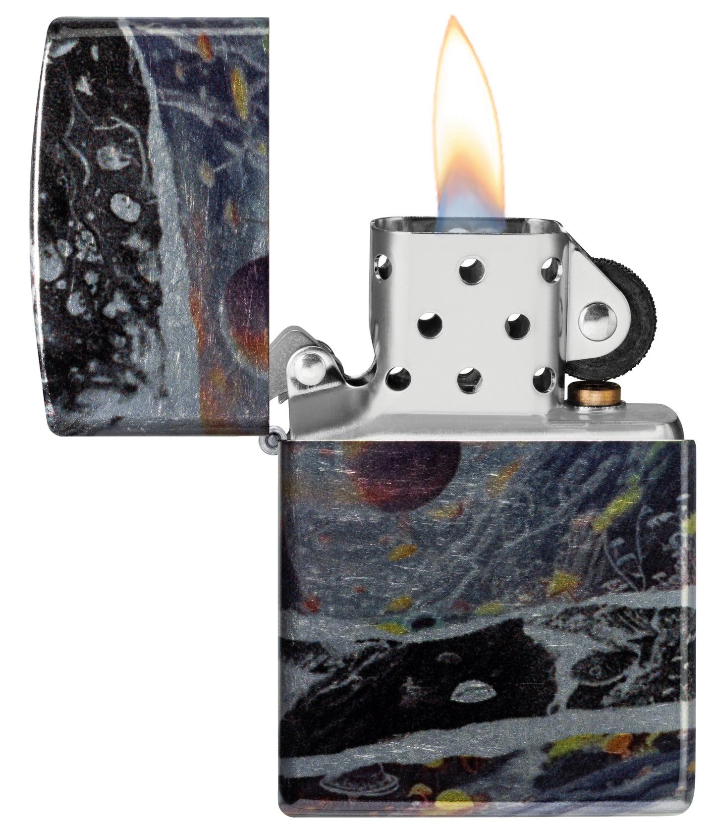 Zippo Fusion Galaxy Design 540 Tumbled Chrome Windproof Lighter with its lid open and lit.