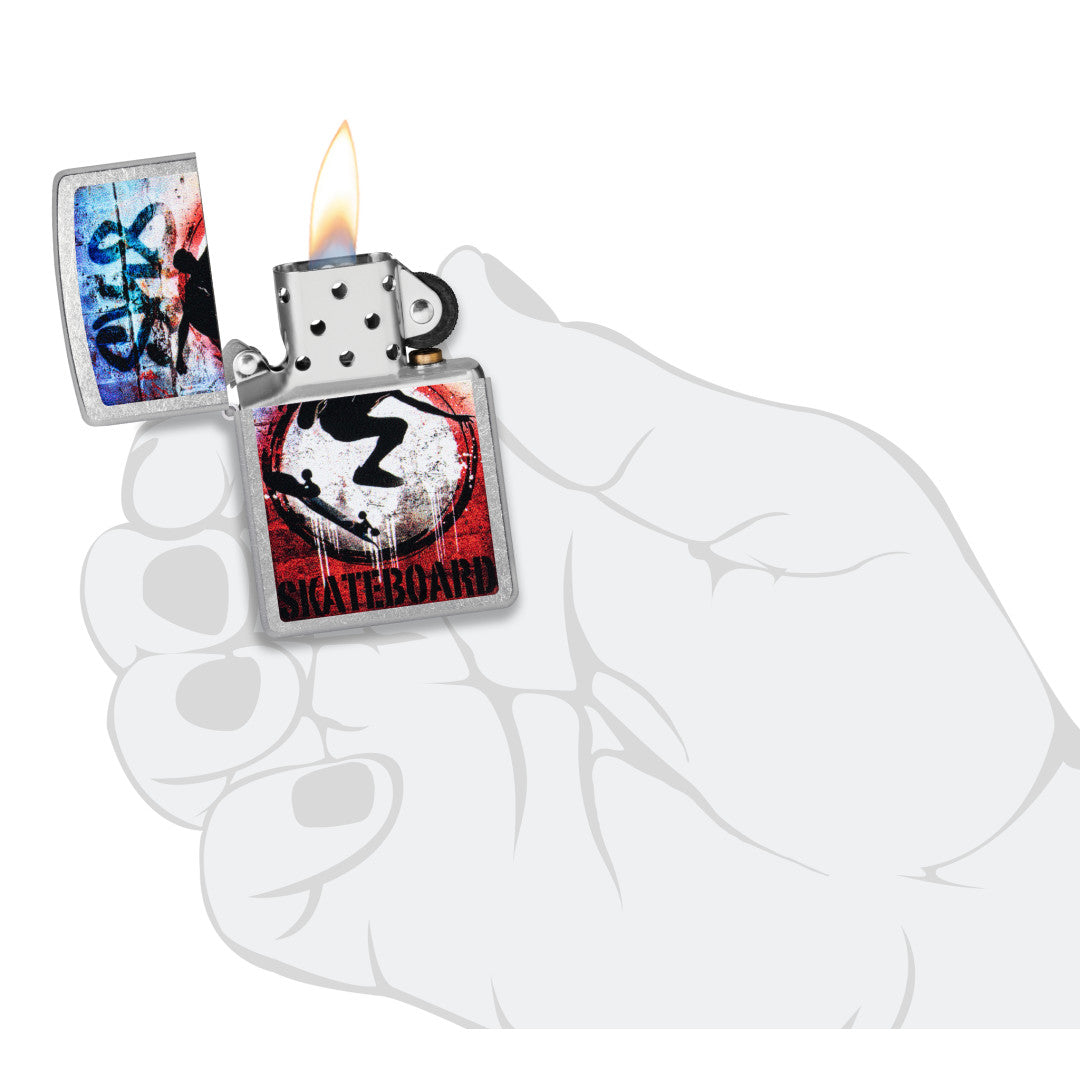 Zippo Kickflip Design Street Chrome Windproof Lighter lit in hand.