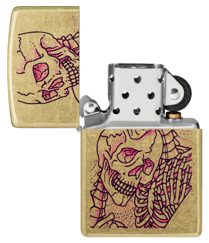 Zippo Bony Embrace Design Street Brass with its lid open and unlit.