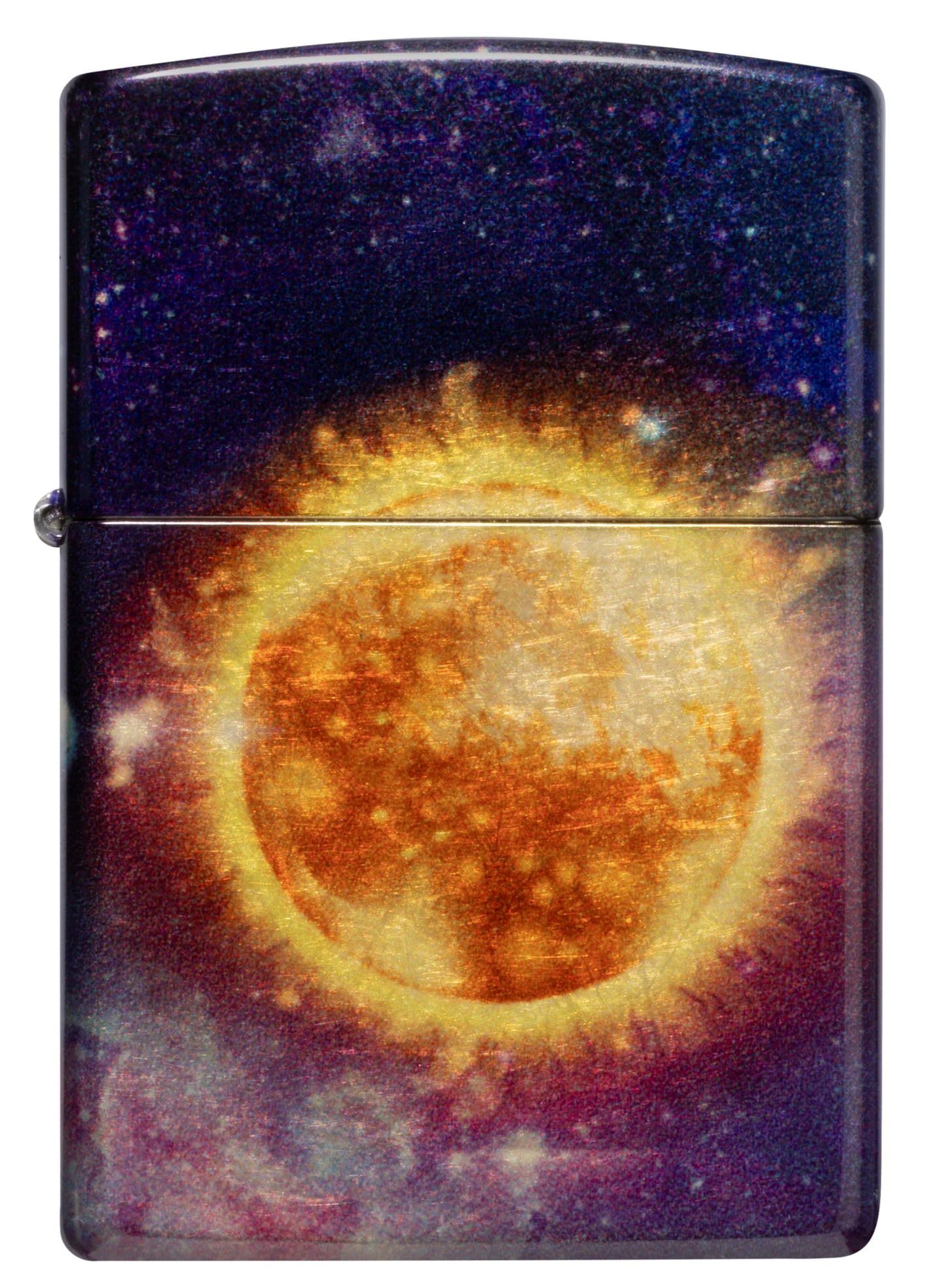 Front view of Zippo Solar Flare Design 540 Tumbled Brass Windproof lighter.