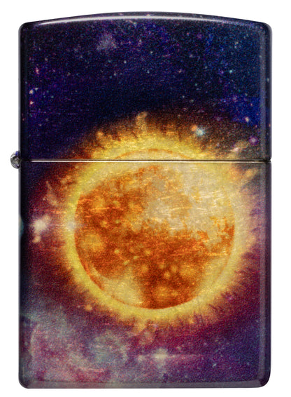 Front view of Zippo Solar Flare Design 540 Tumbled Brass Windproof lighter.