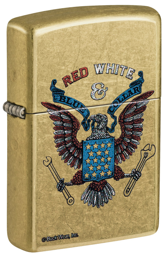 Front shot of Zippo Buck Wear Red White & Blue Collar Design Street Brass Windproof Lighter standing at a 3/4 angle.