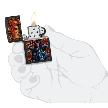 Zippo KISS® Poster Design Black Matte Windproof Lighter lit in hand.
