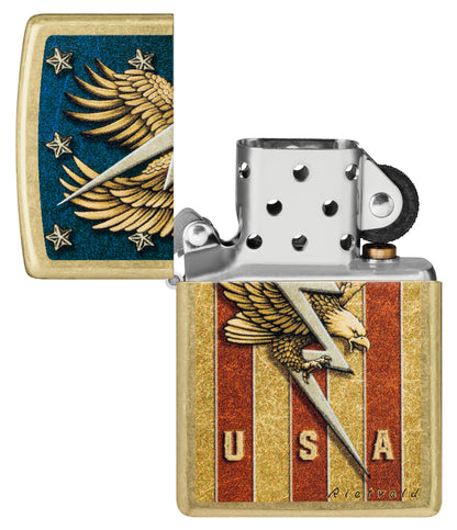 Zippo Rietveld USA Design Street Brass Windproof Lighter with its lid open and unlit.