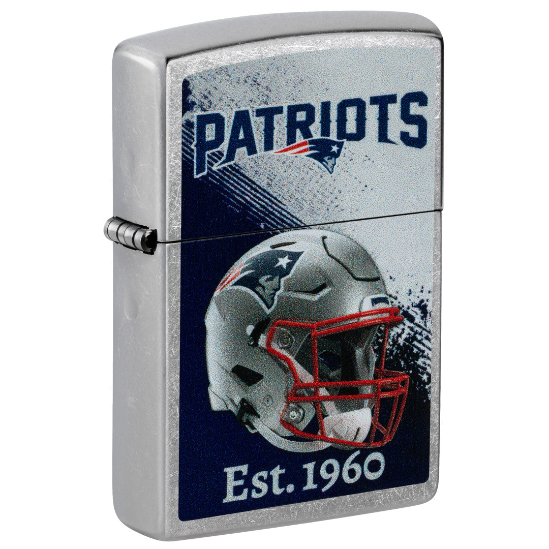 Front shot of Zippo NFL New England Patriots Helmet Design Street Chrome Windproof Lighter standing at a 3/4 angle.