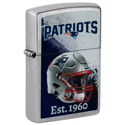 Front shot of Zippo NFL New England Patriots Helmet Design Street Chrome Windproof Lighter standing at a 3/4 angle.
