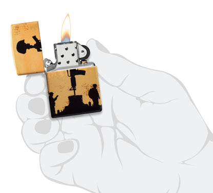 Zippo 2025 Veterans Day Commemorative 540 Matte Windproof Lighter lit in hand.