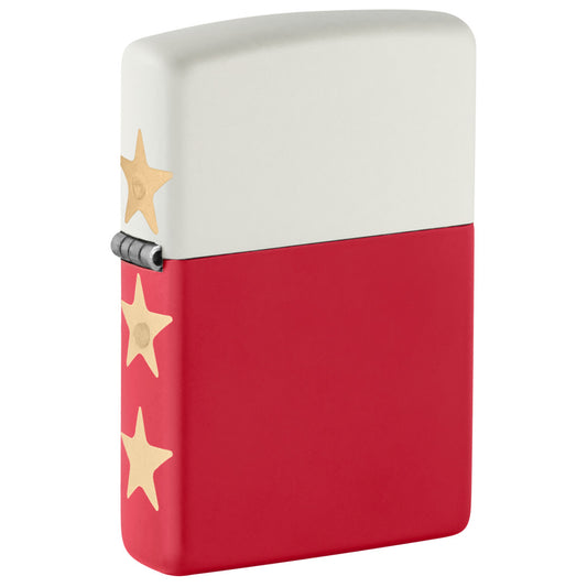 Front shot of Zippo 250th Anniversary Special Edition White and Red Matte Windproof Lighter standing at a 3/4 angle.