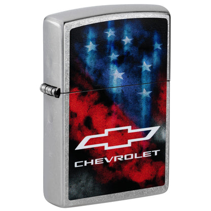 Front shot of Zippo Chevrolet® Flag Design Street Chrome Windproof Lighter standing at a 3/4 angle.