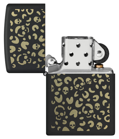 Zippo Leopard Skulls Design Black Matte Windproof Lighter with its lid open and unlit.