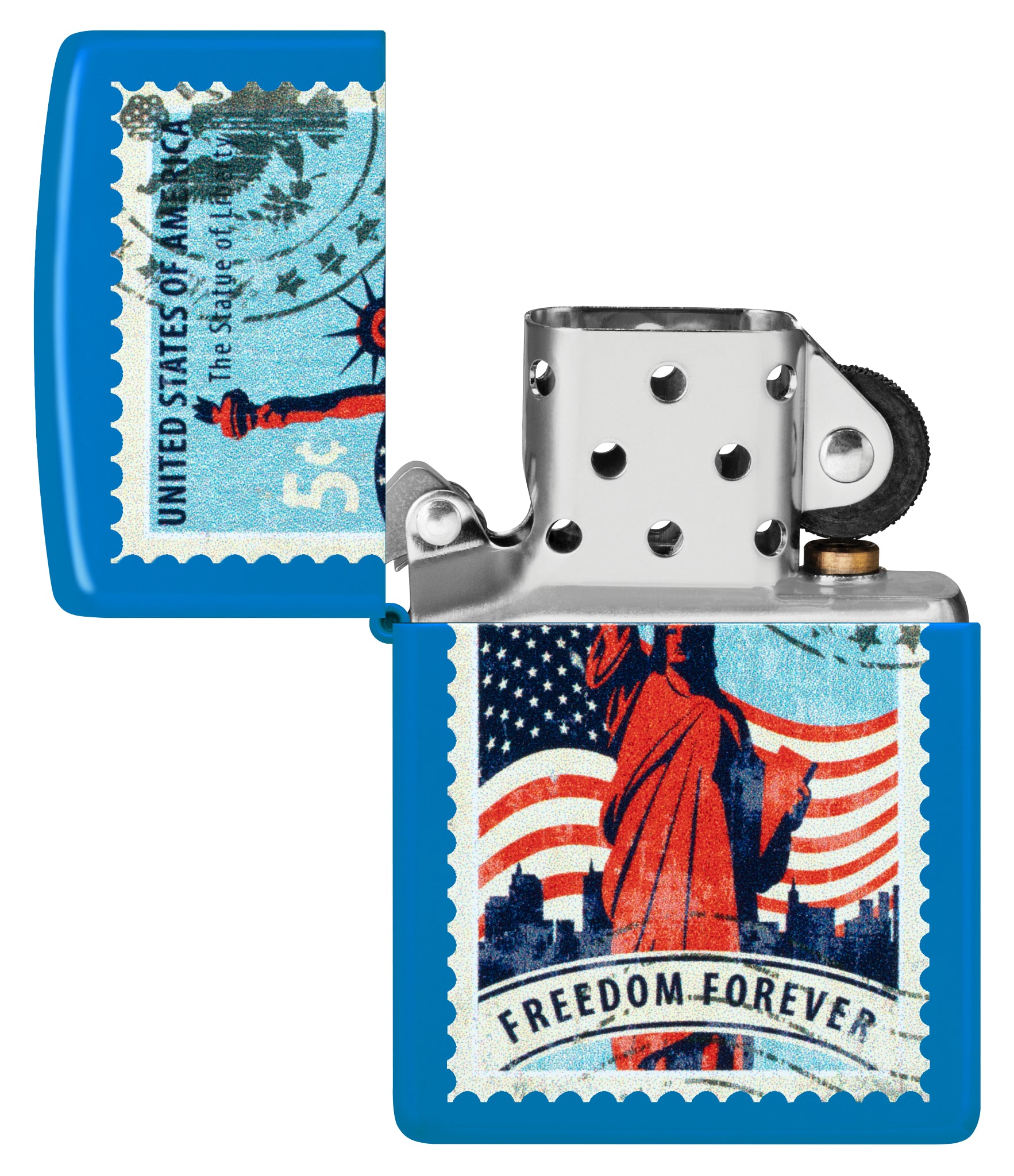 Zippo Stamp of Liberty Design Sky Blue Matte Windproof Lighter with its lid open and unlit.