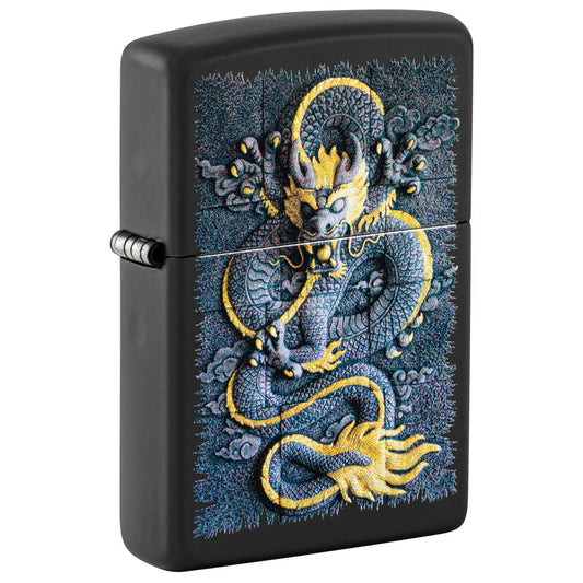Front shot of Zippo Stone Dragon Design Black Matte Windproof Lighter standing at a 3/4 angle.