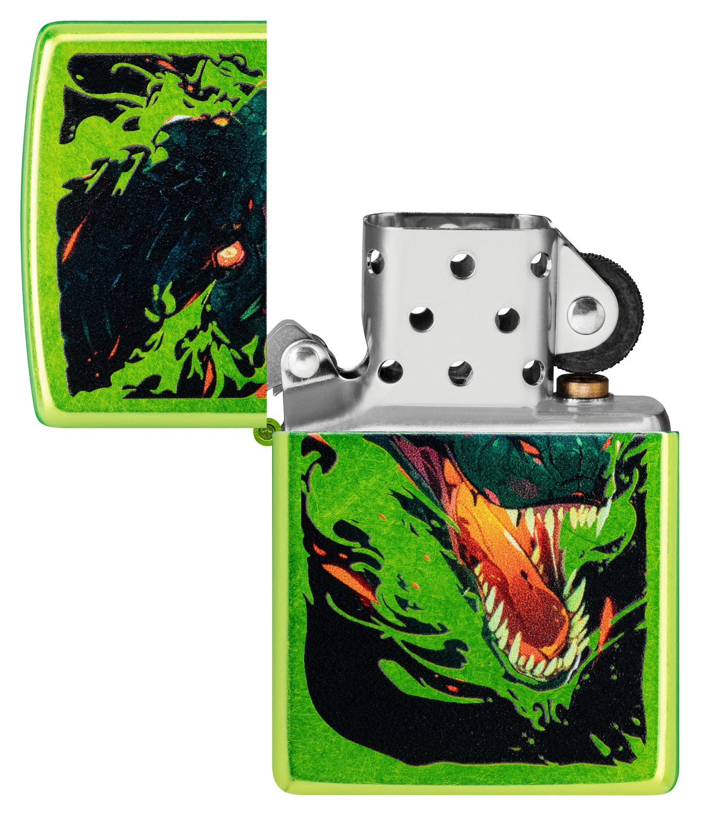 Zippo Screaming Dragon Design Lurid Windproof Lighter with its lid open and unlit.