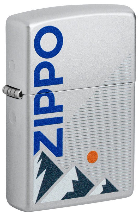 Front shot of Zippo Mountain Design Satin Chrome Windproof Lighter standing at a 3/4 angle.
