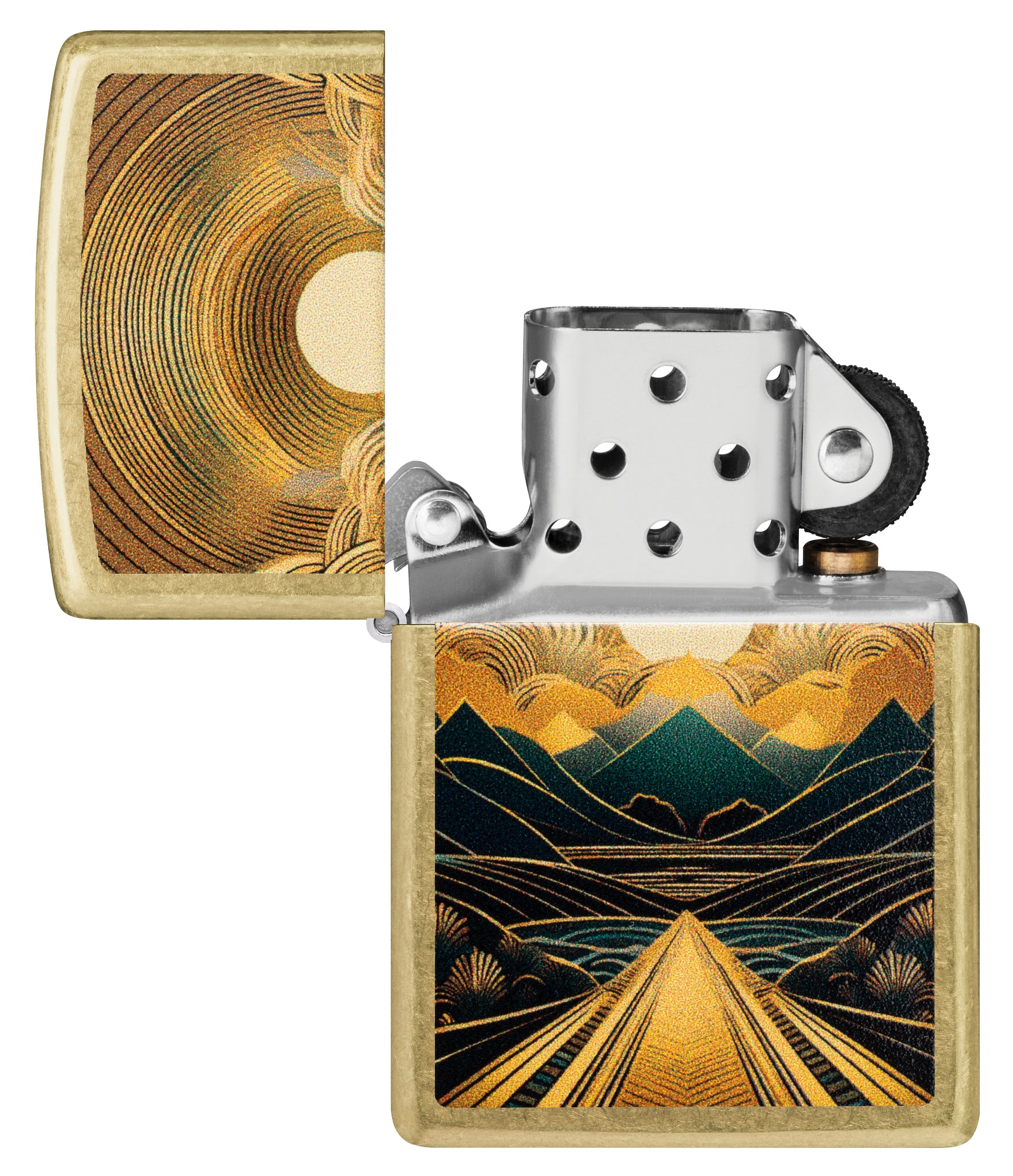 Zippo Through the Mountains Design Windproof Lighter with its lid open and unlit.