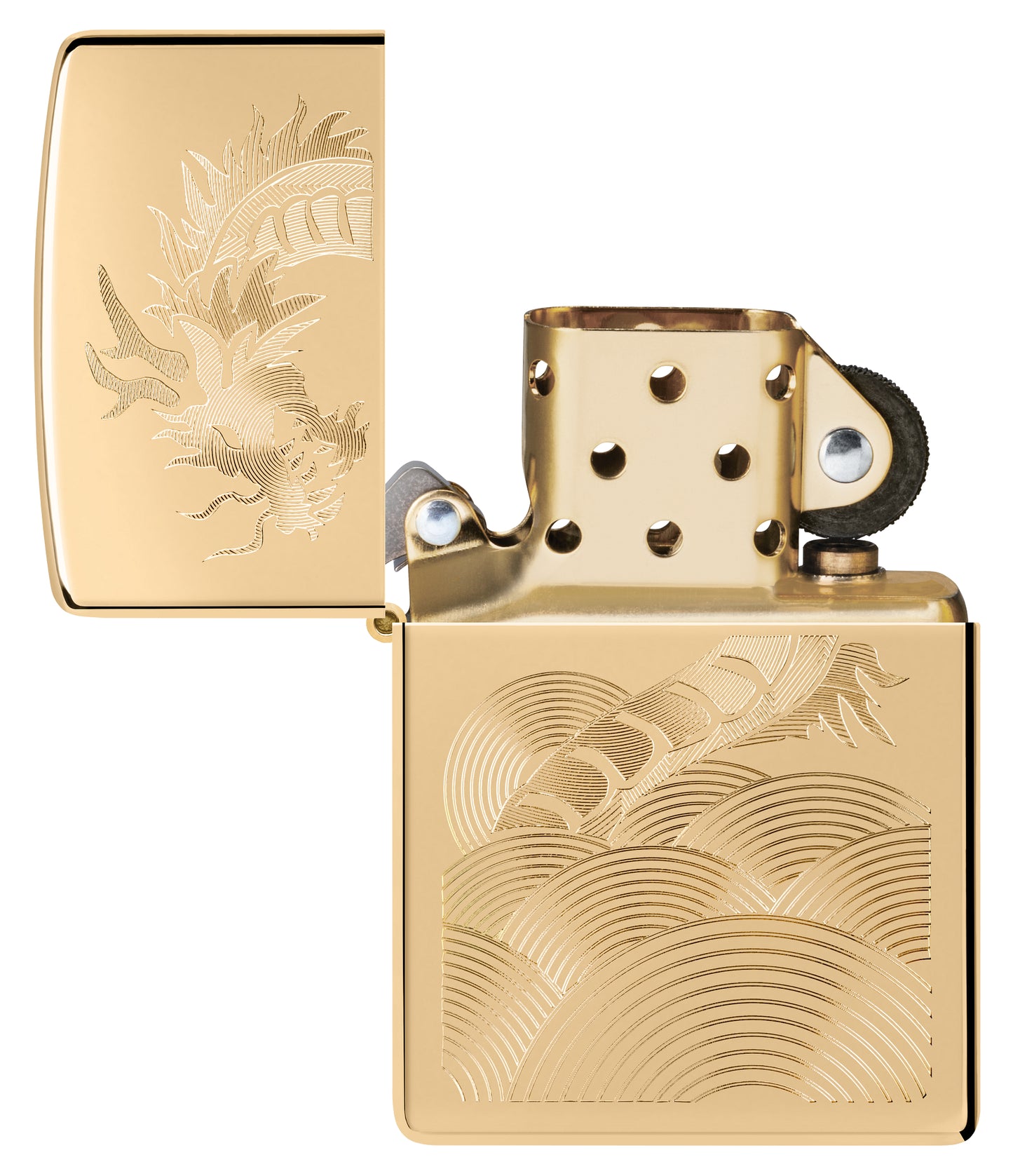 Zippo Golden Dragon Design High Polish Brass Windproof Lighter with its lid open and unlit.