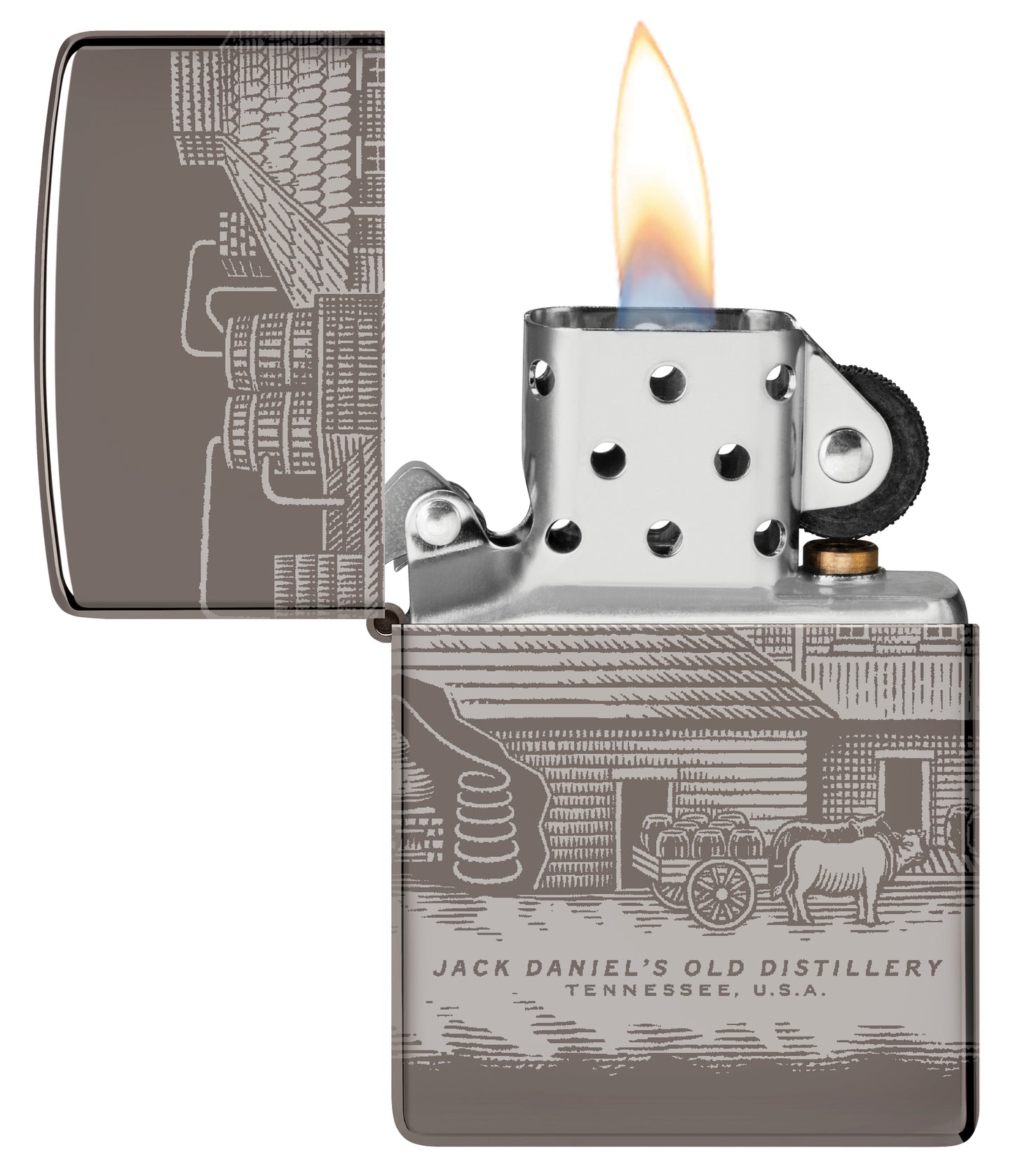 Zippo Jack Daniel's® Distillery Design Black Ice® Windproof Lighter with its lid open and lit.