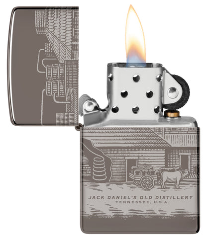 Zippo Jack Daniel's® Distillery Design Black Ice® Windproof Lighter with its lid open and lit.
