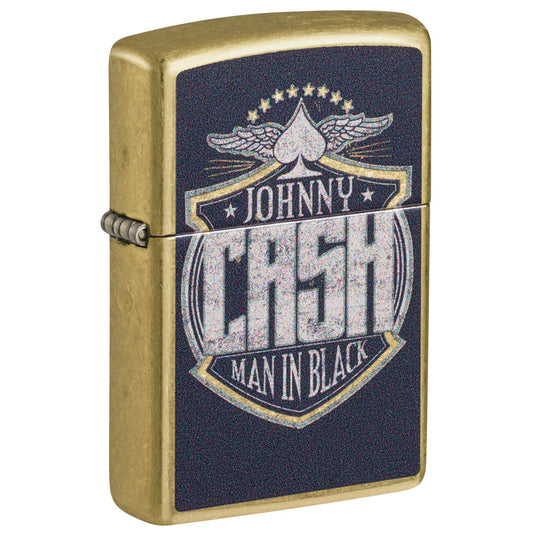 Front shot of Zippo Johnny Cash Crest Design Street Brass Windproof Lighter standing at a 3/4 angle.