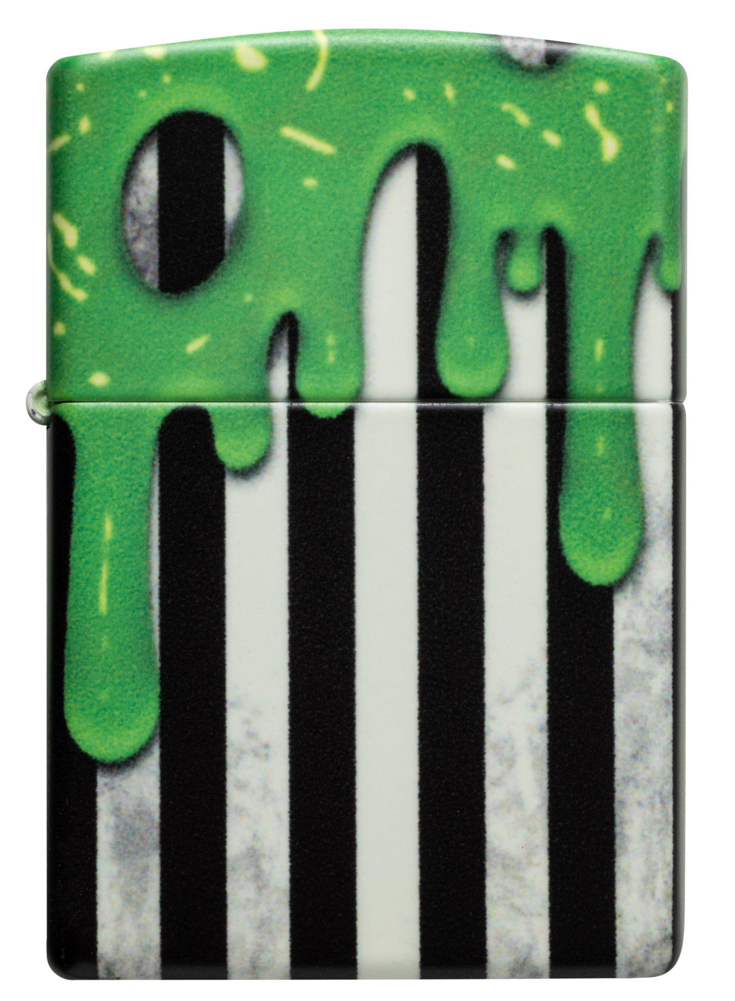 Front view of Zippo Glowing Goo Design Glow-in-the-Dark Green Windproof Lighter.