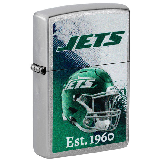 Front shot of Zippo NFL New York Jets Helmet Design Street Chrome Windproof Lighter standing at a 3/4 angle.