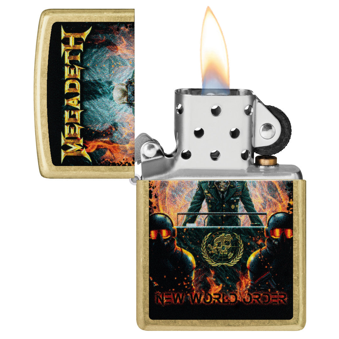 Zippo Megadeth New World Order Design Street Brass Windproof Lighter with its lid open and lit.