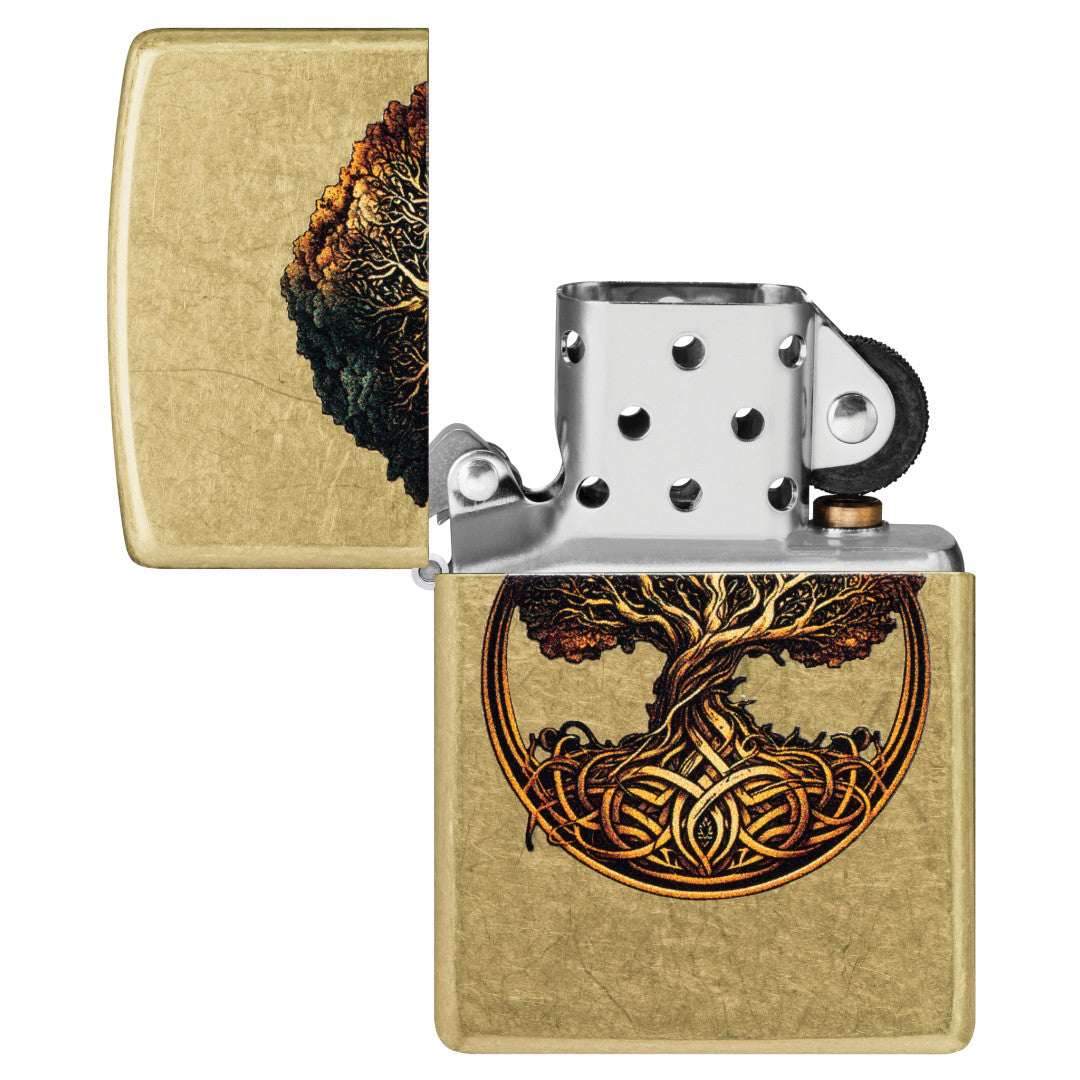 Zippo Knotted Tree of Life Design Street Brass Windproof Lighter with its lid open and unlit.