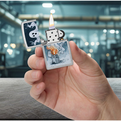 Zippo Spooky Spark Design Street Chrome Windproof Lighter lit in hand.