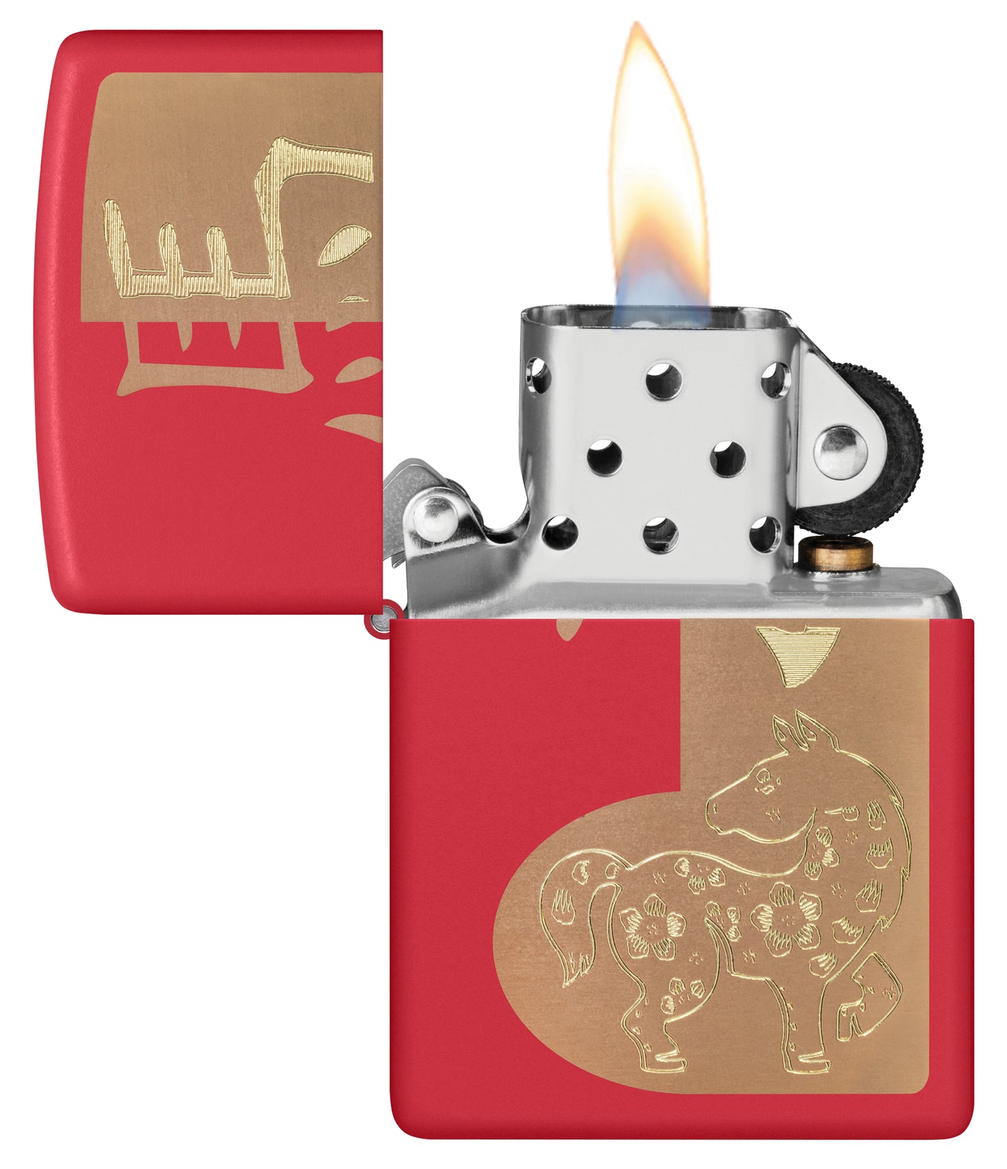 Zippo 2026 Year of the Horse Design Red Matte Windproof Lighter with its lid open and lit.