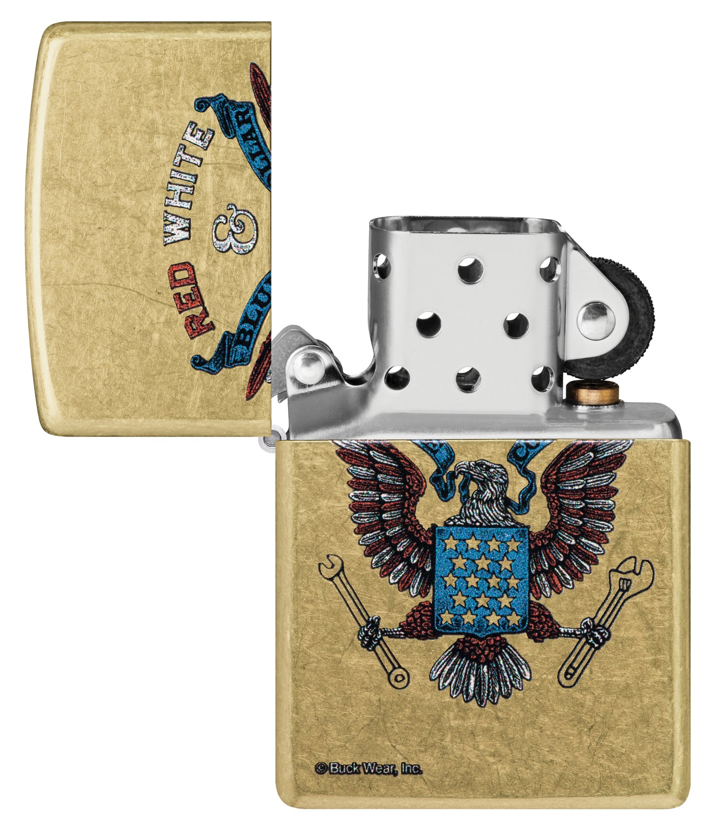 Zippo Buck Wear Red White & Blue Collar Design Street Brass Windproof Lighter with its lid open and unlit.