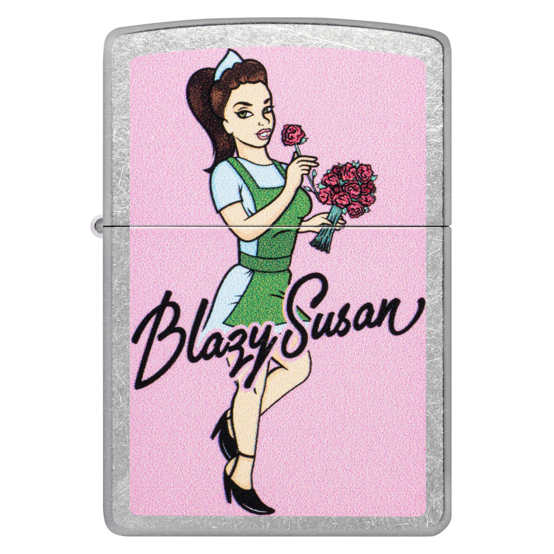 Front view of Zippo Blazy Susan Bouquet Design Street Chrome Windproof Lighter.