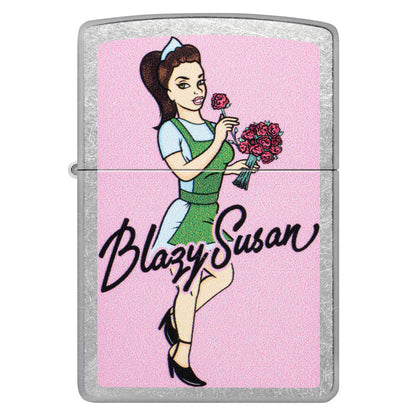 Front view of Zippo Blazy Susan Bouquet Design Street Chrome Windproof Lighter.