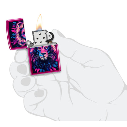 Zippo Multicolor Lion Design Candy Raspberry Windproof Lighter lit in hand.