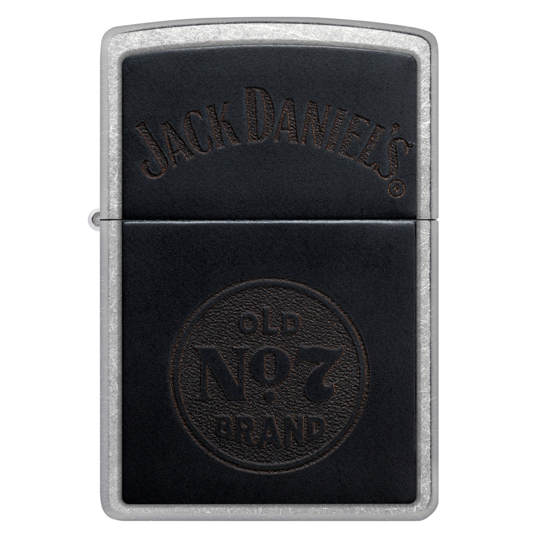 Front view of Zippo Jack Daniel's Old No. 7 Leather Emblem Street Chrome Windproof Lighter.